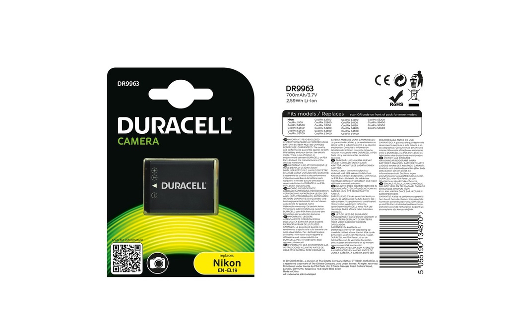 Baterie Duracell Nikon EN-EL19 -  3.7v 700mAh 2.6Wh - Li-Ion