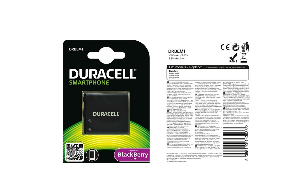 Baterie Duracell BlackBerry E-M1 - 3.8v 1000mAh - Li-Ion